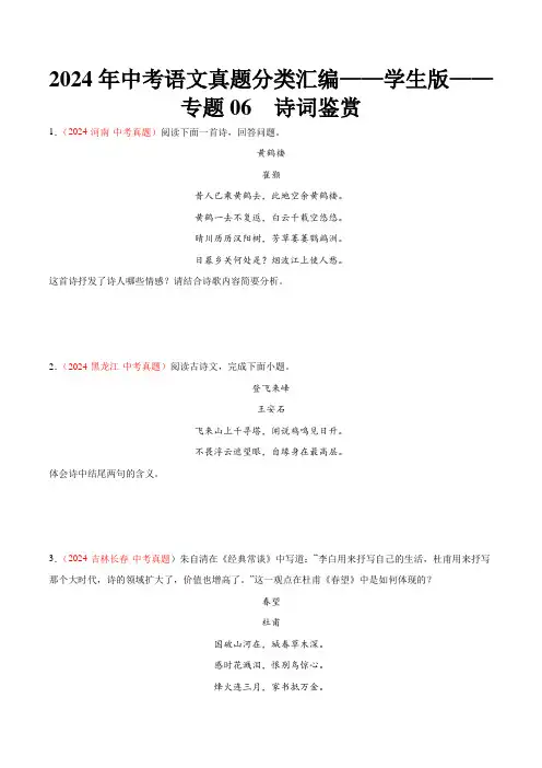 2024年中考语文真题分类汇编——学生版——专题06 诗词鉴赏