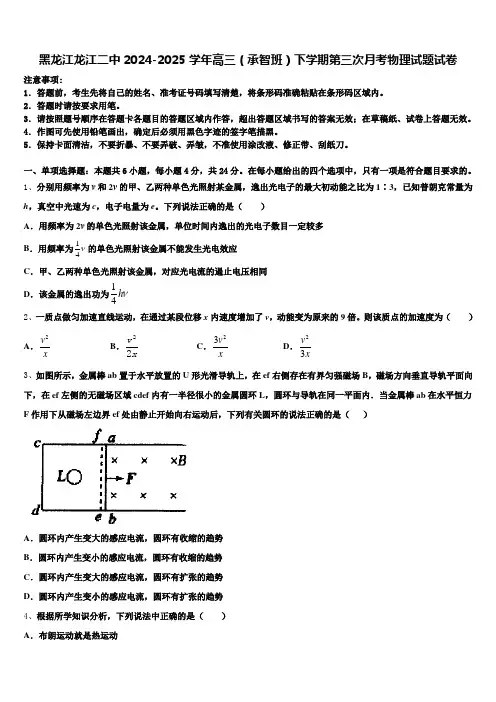黑龙江龙江二中2024-2025学年高三(承智班)下学期第三次月考物理试题试卷含解析