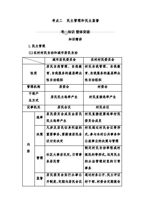 [精品]新人教版高考政治复习必修2第2课考点二民主管理和民主监督优质课教案及答案