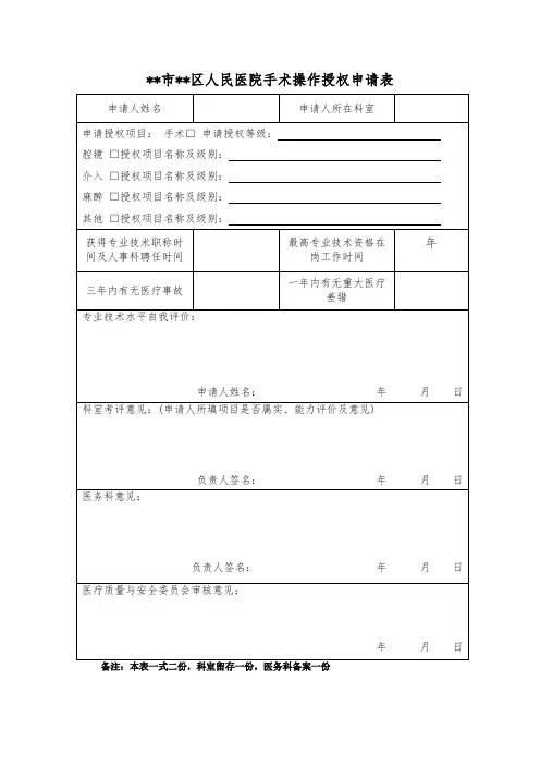手术、操作授权申请表