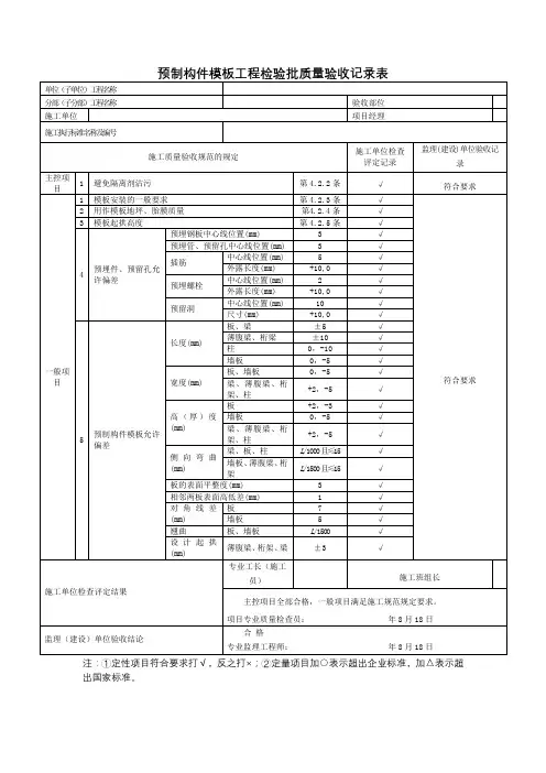 预制构件模板工程检验批质量验收记录表