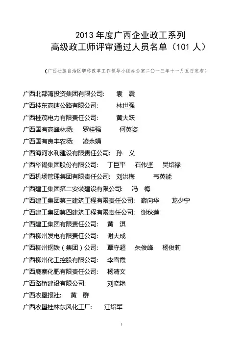 2013年度广西企业政工系列高级政工师评审通过人员名单