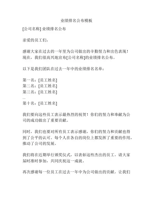 业绩排名公布模板