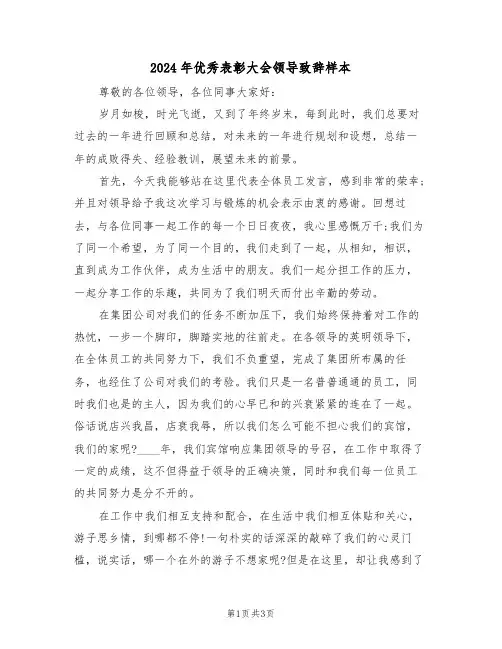 2024年优秀表彰大会领导致辞样本（2篇）