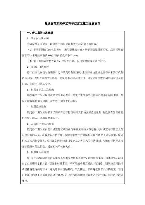 隧道春节期间停工和节后复工施工注意事项