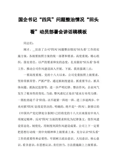 国企书记“四风”问题整治情况“回头看”动员部署会讲话稿模板