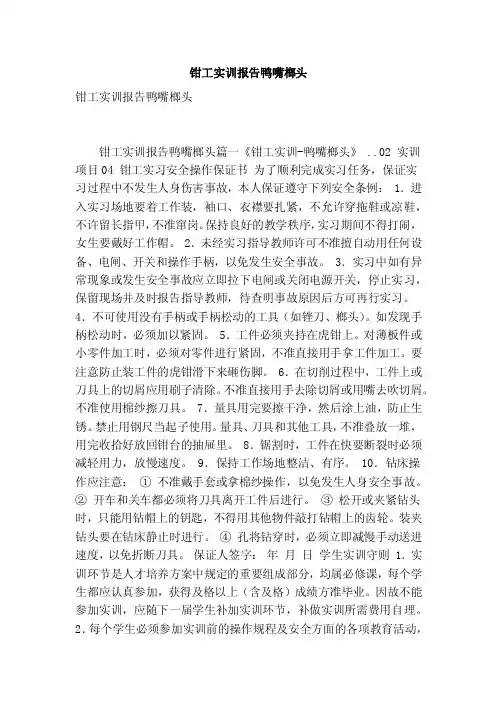 钳工实训报告鸭嘴榔头（最新版）