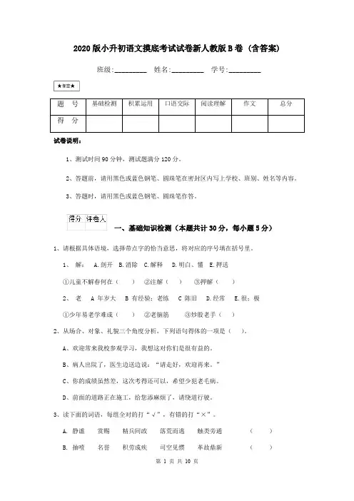 2020版小升初语文摸底考试试卷新人教版B卷 (含答案)
