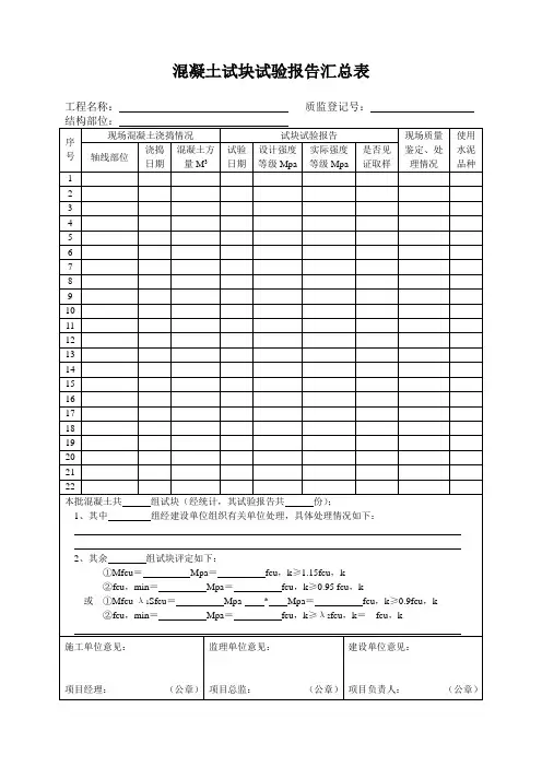 混凝土试块试验报告汇总表