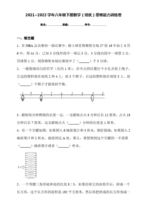 (精选)2021=2022学年人教版六年级下册数学(培优)思维能力训练卷(附答案)