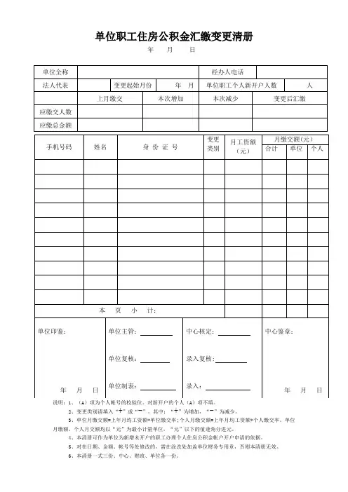 单位职工住房公积金汇缴变更清册