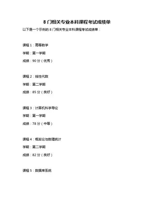 8门相关专业本科课程考试成绩单