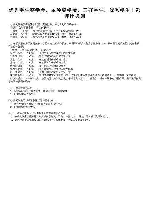 优秀学生奖学金、单项奖学金、三好学生、优秀学生干部评比规则