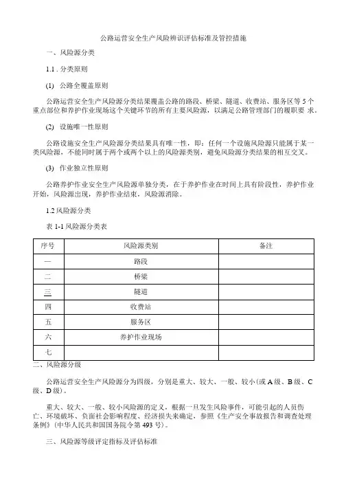 公路运营安全生产风险辨识评估标准及管控措施