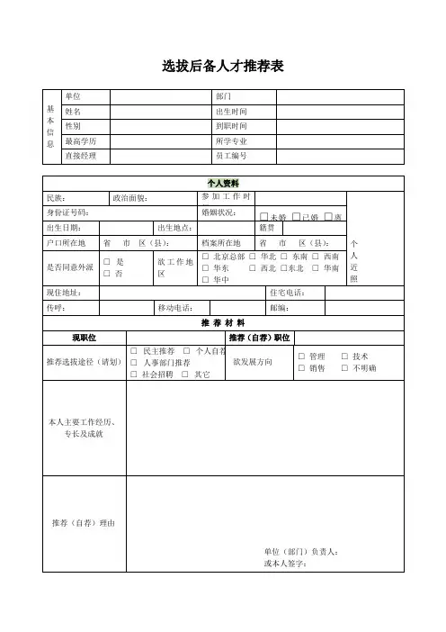 选拔后备人才推荐表(专业版本)