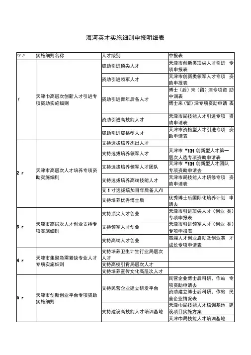 海河英才实施细则申报明细表