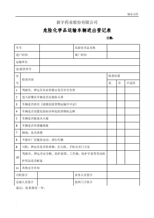 危险化学品运输车辆进出登记表 文档