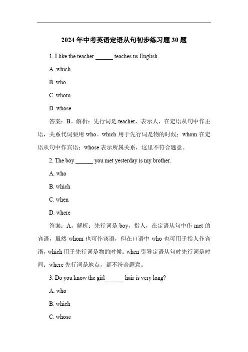 2024年中考英语定语从句初步练习题30题