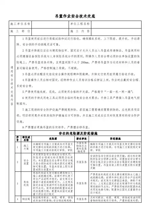 吊篮作业安全技术交底