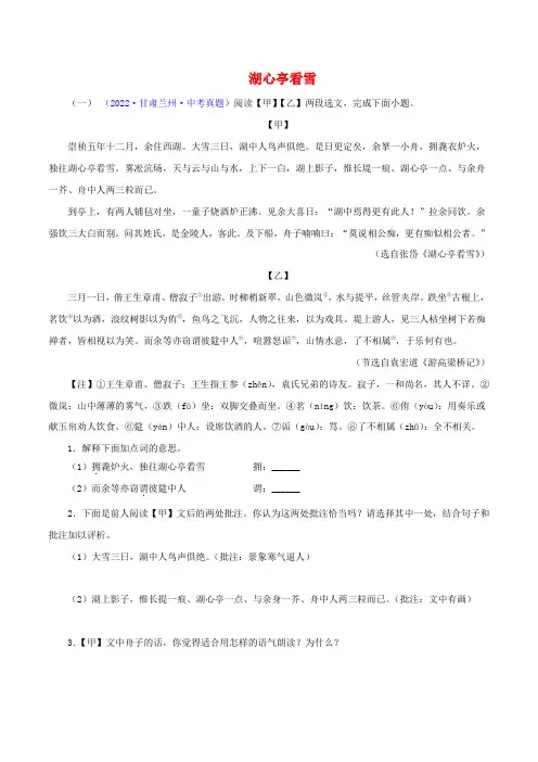 备战中考语文文言文必考篇目之对比阅读 湖心亭看雪(解析版通用版)