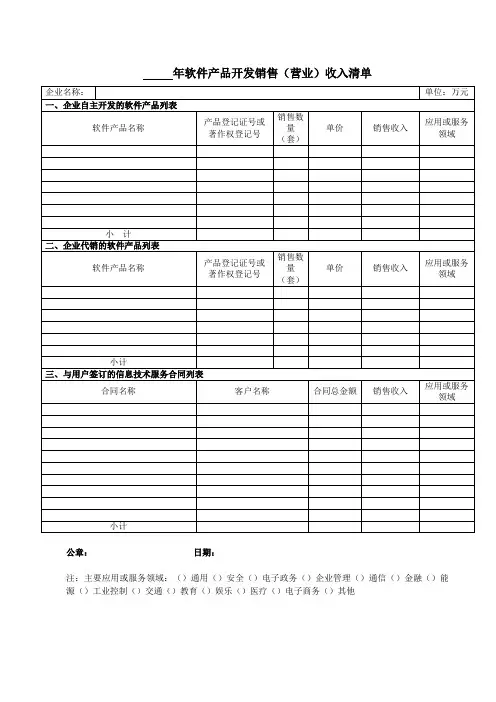年软件产品开发销售(营业)收入清单