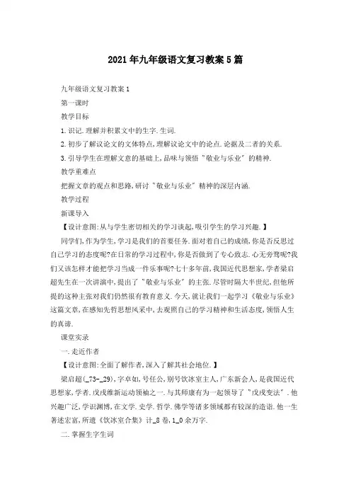 2021年九年级语文复习教案5篇