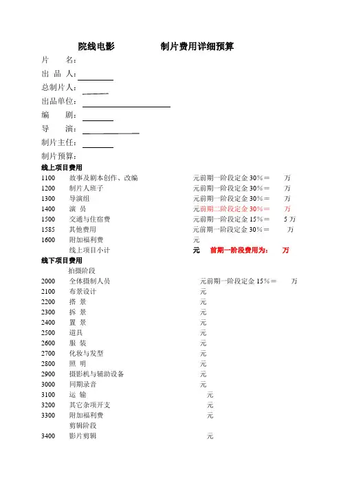 制片费用预算表