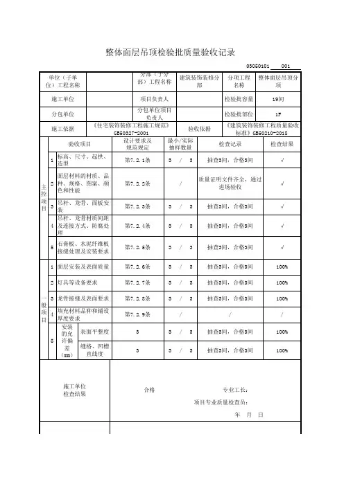 石膏板吊顶检验批最新表格