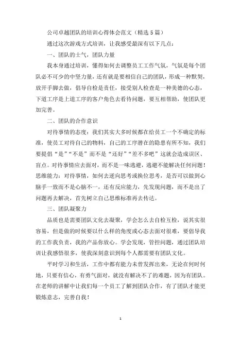 最新公司卓越团队的培训心得体会范文精选5篇