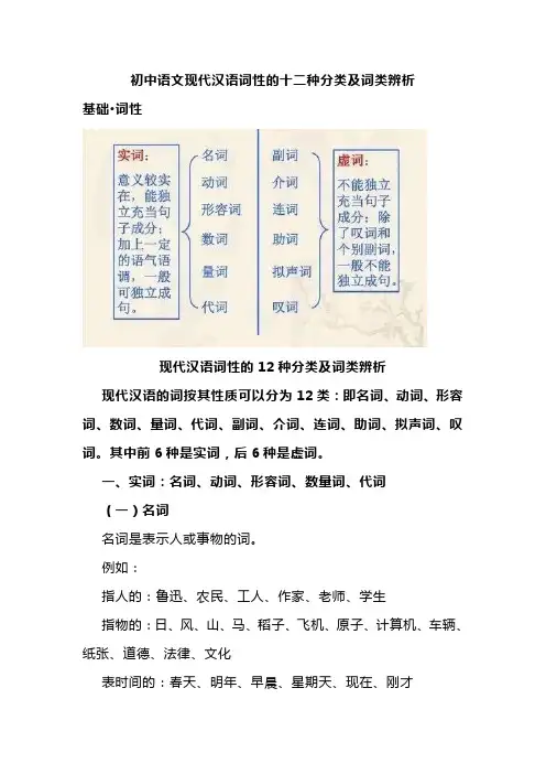 初中语文现代汉语词性的十二种分类及词类辨析