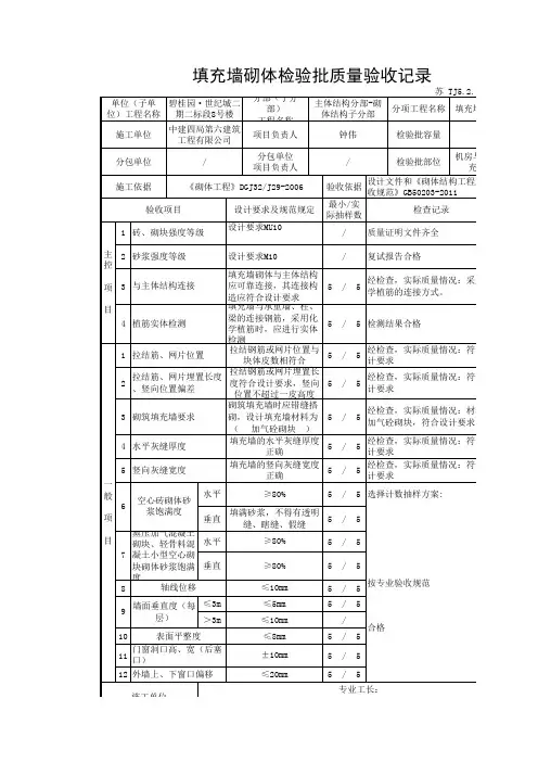 填充墙检验批填写模板