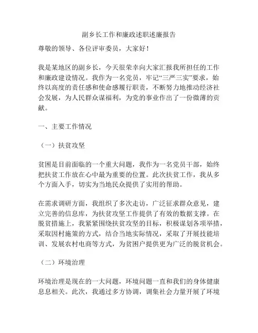 副乡长工作和廉政述职述廉报告