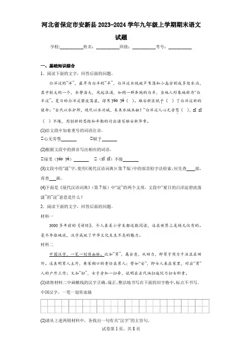 河北省保定市安新县2023-2024学年九年级上学期期末语文试题(含解析)