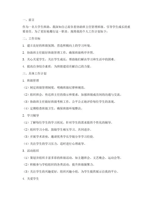 大学生班助个人工作计划