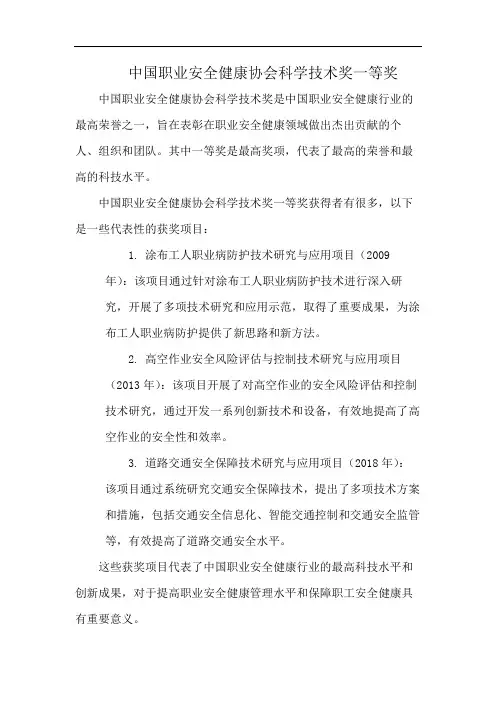 中国职业安全健康协会科学技术奖一等奖