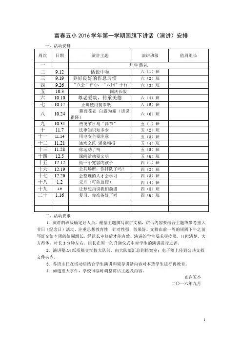 2016学年第一学期国旗下讲话(演讲)安排