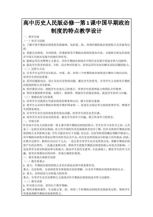 高中历史人民版必修一第1课中国早期政治制度的特点教学设计