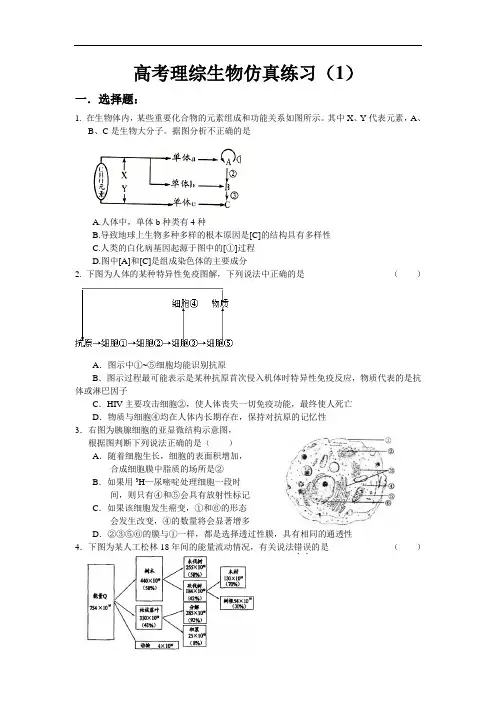 2012高考生物模拟试卷及答案(10套)-高考理综生物仿真练习1