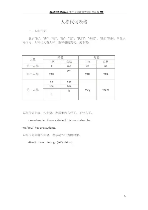 英语 人称代词表格