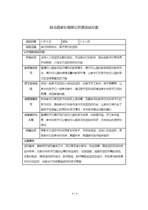 幼儿园家长观摩公开课活动方案
