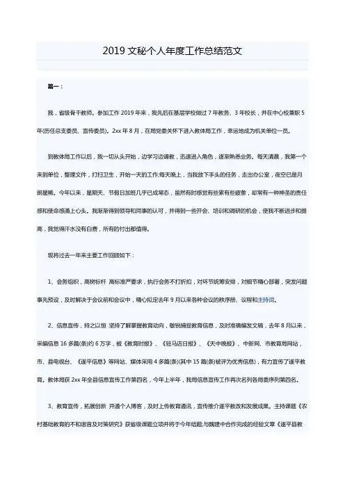 2019文秘个人年度工作总结范文