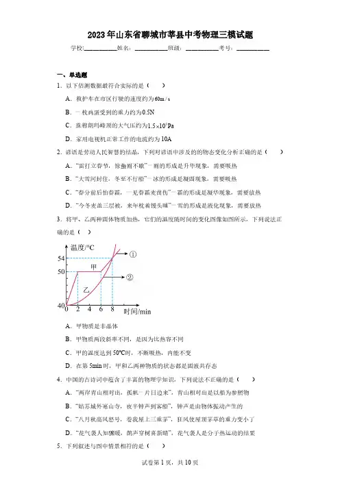2023年山东省聊城市莘县中考物理三模试题(含解析)