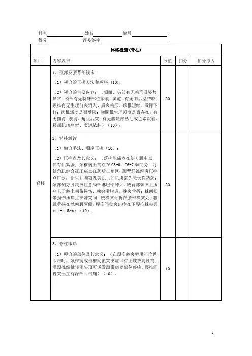 医学《体格检查(脊柱)》技术评分标准表