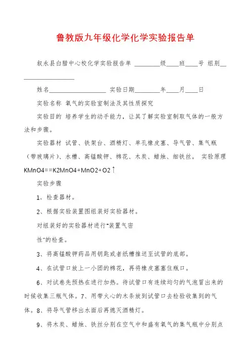 鲁教版九年级化学化学实验报告单