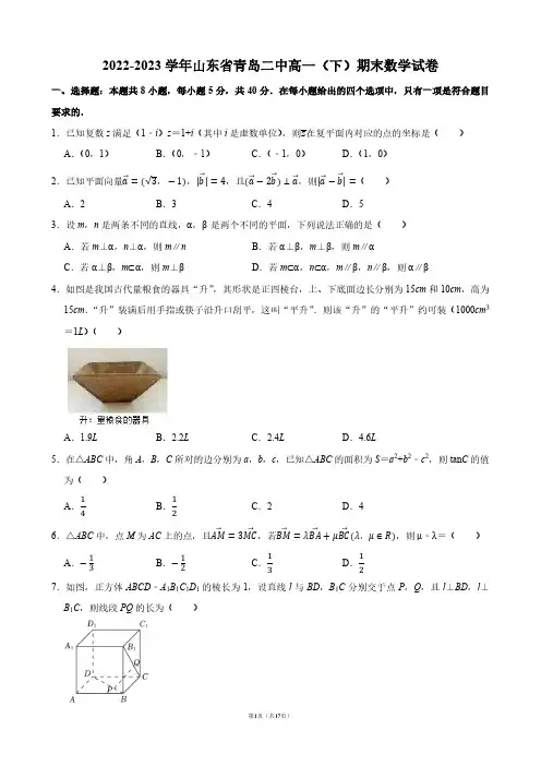 2022-2023学年山东省青岛二中高一(下)期末数学试卷【答案版】