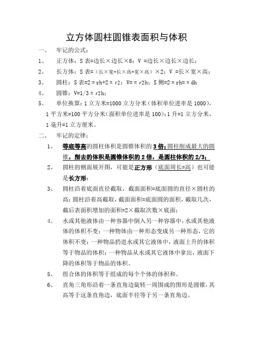 立方体圆柱圆锥表面积与体积