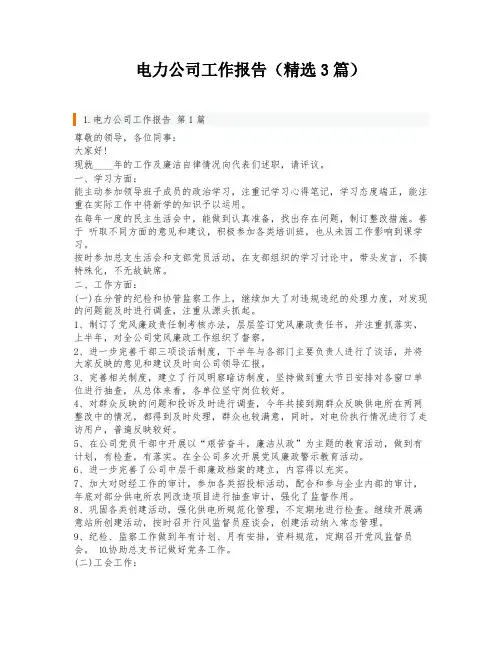 电力公司工作报告(精选3篇)