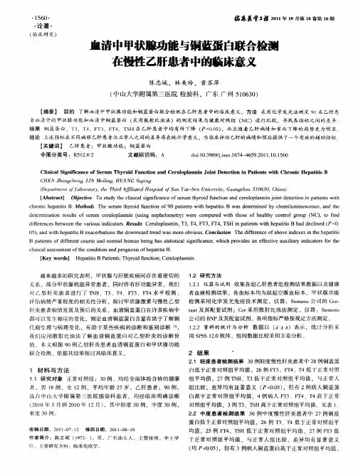 血清中甲状腺功能与铜蓝蛋白联合检测在慢性乙肝患者中的临床意义