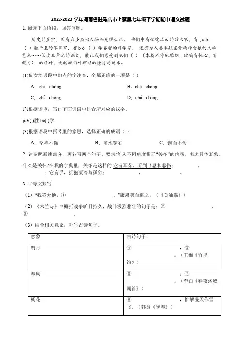 2022-2023学年河南省驻马店市上蔡县七年级下学期期中语文试题