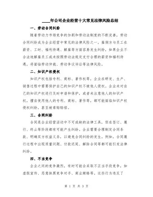 2024年公司企业经营十大常见法律风险总结